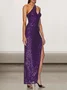 Femmes Floral Violet Une Épaule Dénudée Confortable Robe Maxi Sexy