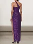 Femmes Floral Violet Une Épaule Dénudée Confortable Robe Maxi Sexy