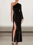 Femmes Plain Noir Une Épaule Dénudée Confortable Robe Maxi Sexy