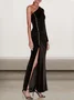 Femmes Plain Noir Une Épaule Dénudée Confortable Robe Maxi Sexy