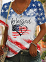 T-shirts Femmes Décontracté Été Le jour de l'indépendance (Drapeau) Polyester Col V Micro-élasticité Ample Manches Courtes Droit