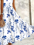 Femmes Floral Bleu Attaché au Cou Confortable Mini Robe Décontracté