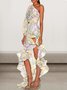 Femmes Floral Blanc-Jaune Une Épaule Dénudée Confortable Robe Maxi Sexy