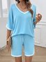 Deux Pièces Ensembles Femmes Décontracté Bloc de Couleur Été Col V Naturel Micro-élasticité Quotidien Top Avec Pantalons Régulier
