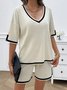 Deux Pièces Ensembles Femmes Décontracté Bloc de Couleur Été Col V Naturel Micro-élasticité Quotidien Top Avec Pantalons Régulier