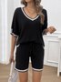 Deux Pièces Ensembles Femmes Décontracté Bloc de Couleur Été Col V Naturel Micro-élasticité Quotidien Top Avec Pantalons Régulier