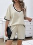 Deux Pièces Ensembles Femmes Décontracté Bloc de Couleur Été Col V Naturel Micro-élasticité Quotidien Top Avec Pantalons Régulier
