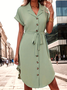 Femmes Plain Vert Col de Chemise Confortable Robe de Longueur Au Genou Décontracté