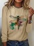 T-shirts Femmes Décontracté Printemps / Automne Libellule Quotidien Manches Longues Col Rond en Mélangé de Coton Droit Oui