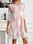 Femmes Plain Blanc Col Rond Confortable Brodé Robe Mi-Longue Élégant