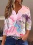 T-shirts Femmes Décontracté Floral Printemps / Automne Col V Micro-élasticité Jersey Manches trois quarts Régulier Droit