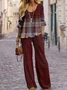 Deux Pièces Ensembles Décontracté Plaid Printemps / Automne Naturel Aucune élasticité 1 jeu Manches Longues Top Avec Pantalons Droit pour Femmes