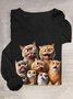 T-shirts Femmes Décontracté Printemps / Automne Chat Ample Col Rond en Mélangé de Coton Régulier Régulier Élasticité moyenne