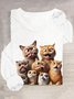 T-shirts Femmes Décontracté Printemps / Automne Chat Ample Col Rond en Mélangé de Coton Régulier Régulier Élasticité moyenne