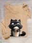 T-shirts Décontracté Printemps / Automne Chat Ample Manches Longues Col Rond en Mélangé de Coton Droit Oui pour Femmes