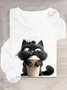 T-shirts Décontracté Printemps / Automne Chat Ample Manches Longues Col Rond en Mélangé de Coton Droit Oui pour Femmes