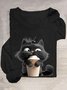 T-shirts Décontracté Printemps / Automne Chat Ample Manches Longues Col Rond en Mélangé de Coton Droit Oui pour Femmes