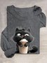 T-shirts Décontracté Printemps / Automne Chat Ample Manches Longues Col Rond en Mélangé de Coton Droit Oui pour Femmes