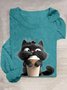 T-shirts Décontracté Printemps / Automne Chat Ample Manches Longues Col Rond en Mélangé de Coton Droit Oui pour Femmes