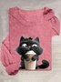 T-shirts Décontracté Printemps / Automne Chat Ample Manches Longues Col Rond en Mélangé de Coton Droit Oui pour Femmes