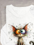 T-shirts Décontracté Printemps / Automne Chat Ample Manches Longues en Mélangé de Coton Régulier Élasticité moyenne Oui pour Femmes