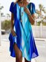 Femmes Bloc de Couleur Bleu Col Rond Confortable Imprimé Robe Mi-Longue Rétro