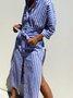 Femmes Rayé Bleu Col de Chemise Confortable Robe Mi-Longue Décontracté