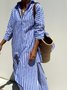 Femmes Rayé Bleu Col de Chemise Confortable Robe Mi-Longue Décontracté