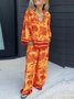 Deux Pièces Ensembles Femmes Abstrait Décontracté Été Polyester Col V Ample Demi Manche Top Avec Pantalons Droit