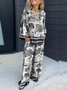 Deux Pièces Ensembles Femmes Abstrait Décontracté Été Polyester Col V Ample Demi Manche Top Avec Pantalons Droit