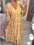 Femmes Ethnique Rouge Col V Confortable Robe Maxi Décontracté