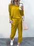 Deux Pièces Ensembles Femmes Décontracté Plain Printemps / Automne Naturel Ample Jersey Manches Longues Top Avec Pantalons Régulier