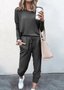 Deux Pièces Ensembles Femmes Décontracté Plain Printemps / Automne Naturel Ample Jersey Manches Longues Top Avec Pantalons Régulier