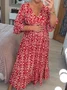 Femmes Ethnique Rouge Col V Confortable Robe Maxi Décontracté