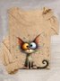T-shirts Décontracté Printemps / Automne Chat Ample Manches Longues en Mélangé de Coton Régulier Élasticité moyenne Oui pour Femmes