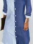 Femmes Rayé Bleu Col de Chemise Confortable Mini Robe Décontracté