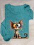 T-shirts Décontracté Printemps / Automne Chat Ample Manches Longues en Mélangé de Coton Régulier Élasticité moyenne Oui pour Femmes