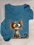 T-shirts Décontracté Printemps / Automne Chat Ample Manches Longues en Mélangé de Coton Régulier Élasticité moyenne Oui pour Femmes