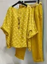 Deux Pièces Ensembles Pois Polka Décontracté Été Polyester Naturel Ample Top Avec Pantalons Droit Régulier pour Femmes