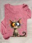 T-shirts Décontracté Printemps / Automne Chat Ample Manches Longues en Mélangé de Coton Régulier Élasticité moyenne Oui pour Femmes