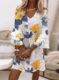 Femmes Floral Rouge Col V Confortable Mini Robe Décontracté