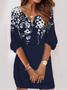 Femmes Floral Bleu Foncé Col Rond Confortable Boucle Mini Robe Décontracté
