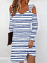 Femmes Rayé Bleu Col Rond Confortable Robe Mi-Longue Décontracté