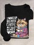 T-shirts Femmes Décontracté Printemps / Automne Chat Quotidien Manches Longues Col Rond en Mélangé de Coton Droit Élasticité moyenne