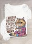 T-shirts Femmes Décontracté Printemps / Automne Chat Quotidien Manches Longues Col Rond en Mélangé de Coton Droit Élasticité moyenne