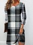 Femmes Plaid Noir-Gris Col Rond Confortable Mini Robe Décontracté