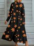 Femmes Feuille Noir Col Rond Confortable Mi-longue Robe Pull Décontracté
