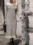Femmes Rayé Blanc Col Rond Confortable Mi-longue Robe Pull Décontracté