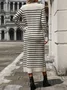 Femmes Rayé Blanc Col Rond Confortable Mi-longue Robe Pull Décontracté