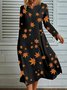 Femmes Feuille Noir Col Rond Confortable Mi-longue Robe Pull Décontracté
